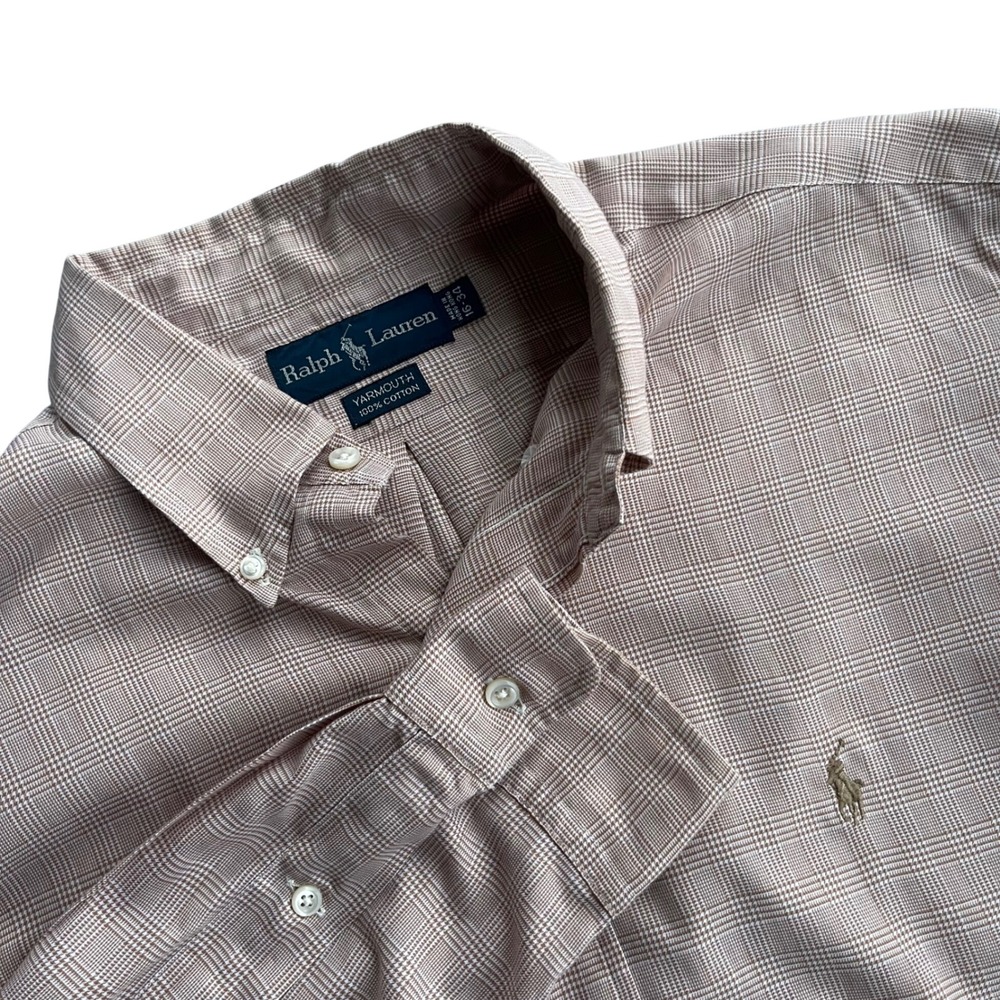 Ralph Lauren Yarmouth Mens Tan Glen Plaid Pony Cotton Button Down Dress Shirt